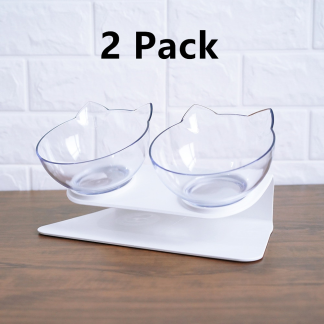 Double Cat Food Bowl, Anti-Vomiting Tilted Design