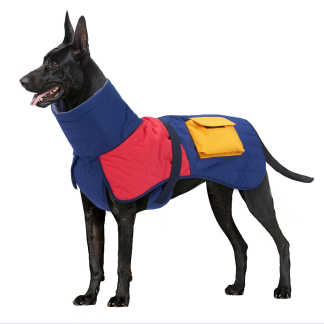 Blue and red padded dog coat with yellow pocket