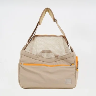 Khaki shoulder carrier with mesh upper panel