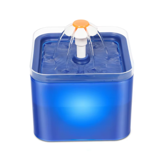 Blue 2L flower-style pet water fountain with illuminated water window