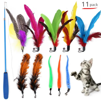 Cat teaser wand with assorted feather and soft attachments