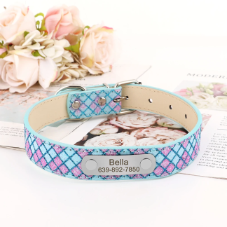 Blue plaid faux-leather collar with example nameplate