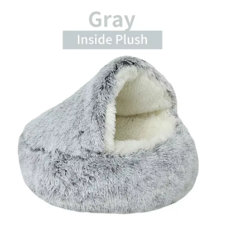 Grey hooded long-plush cat bed