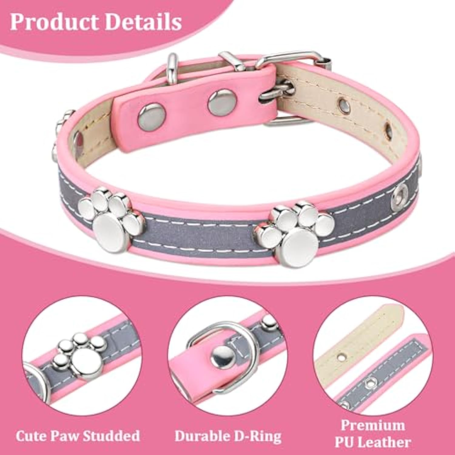 Reflective Leather Dog Collar with Paw Rivets — product view 3