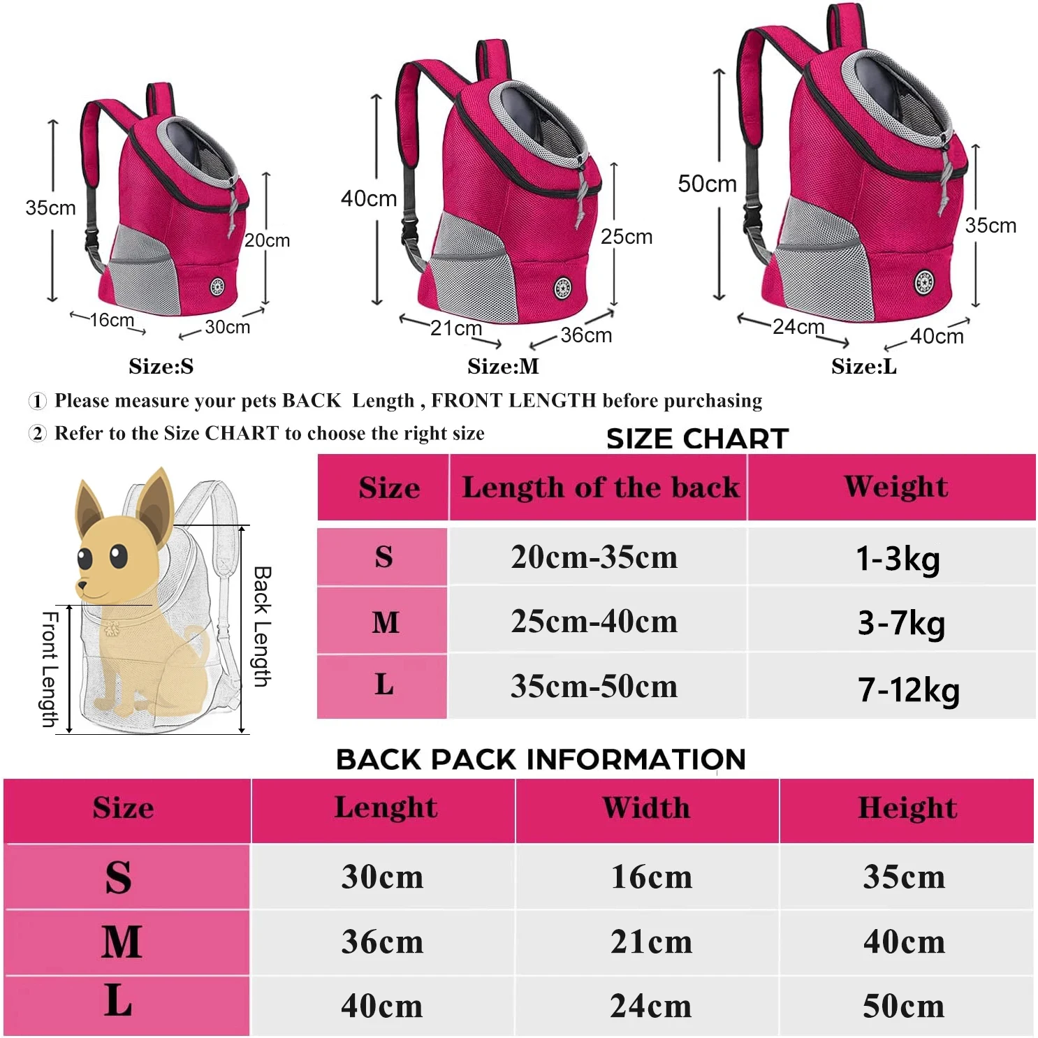 S, M and L pet carrier dimensions