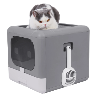 Grey enclosed cat litter box with scoop