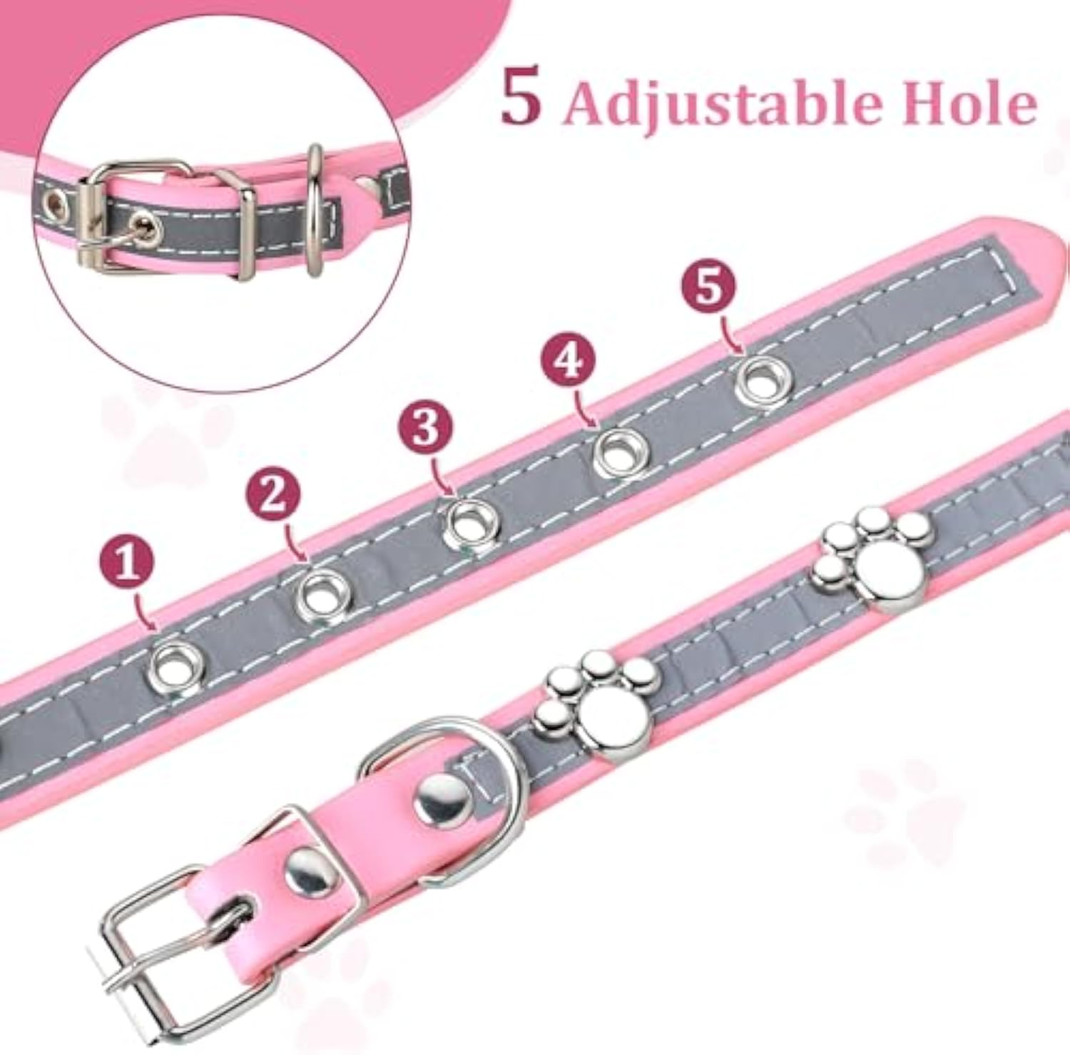Reflective Leather Dog Collar with Paw Rivets — product view 5
