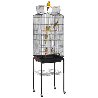 64" Rolling Metal Birdcage with Slide-Out Tray, Black