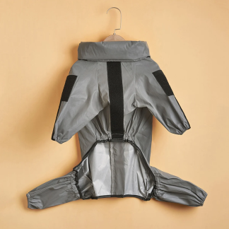 Silver-grey four-leg dog rain suit laid flat