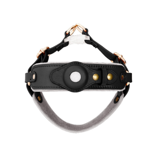 Black dog harness with circular AirTag holder