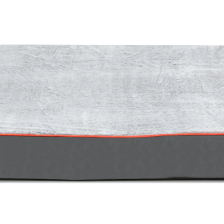 Grey rectangular foam dog bed with orange trim