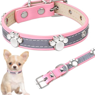 Reflective Leather Dog Collar with Paw Rivets