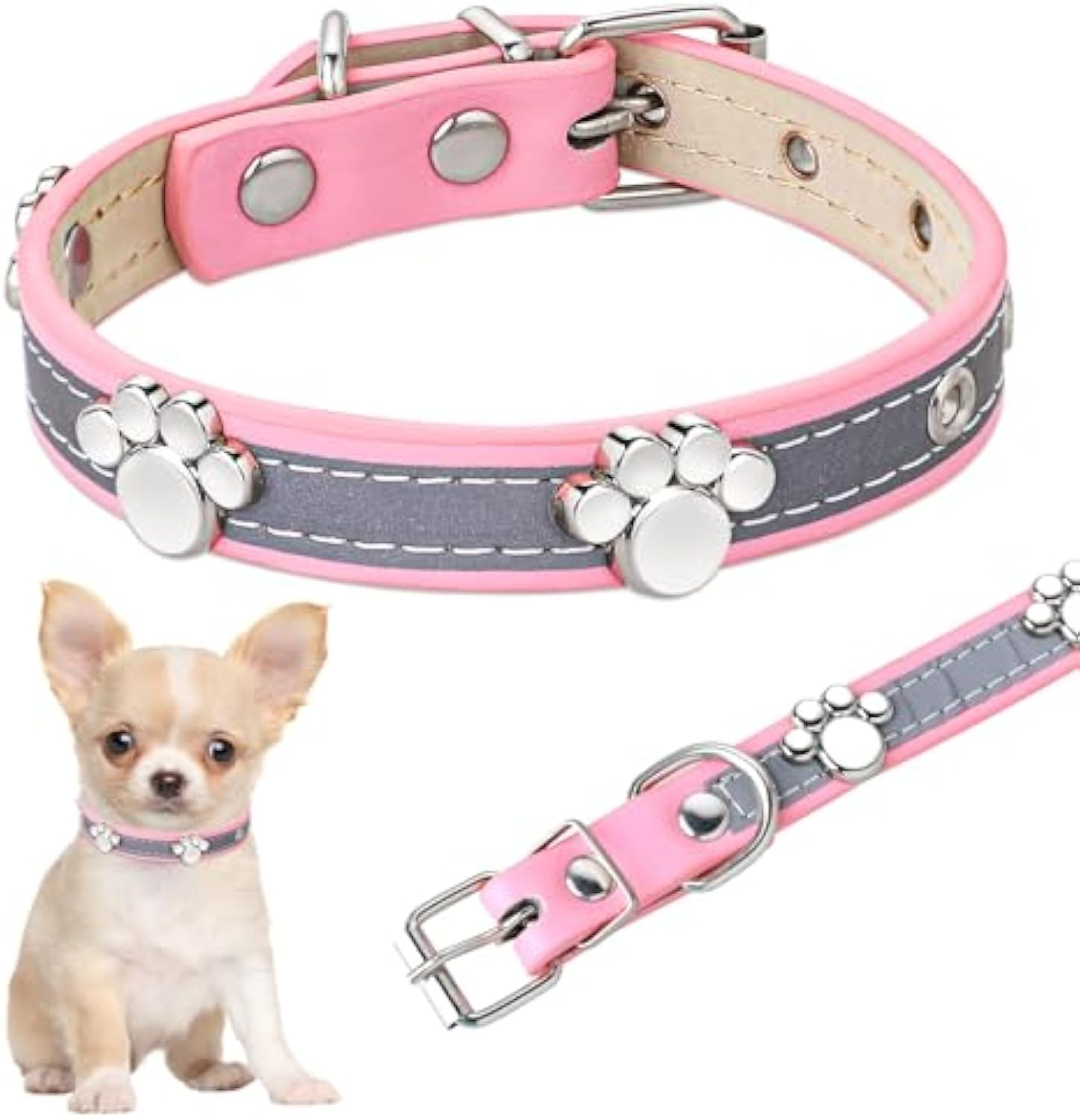 Reflective Leather Dog Collar with Paw Rivets