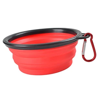 Red collapsible silicone pet bowl with clip
