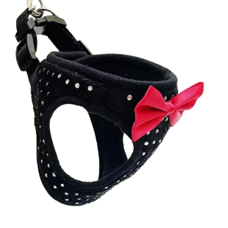 Black bow-detail dog harness with sparkle studs