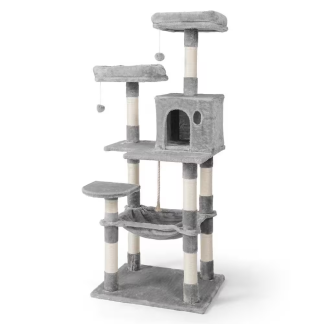 Grey cat tree with condo, hammock, scratching posts and top perch