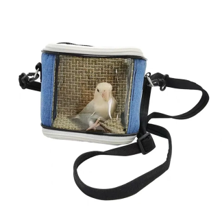 Small mesh-sided bird carrier and strap
