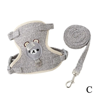 Grey bear-patch harness and leash