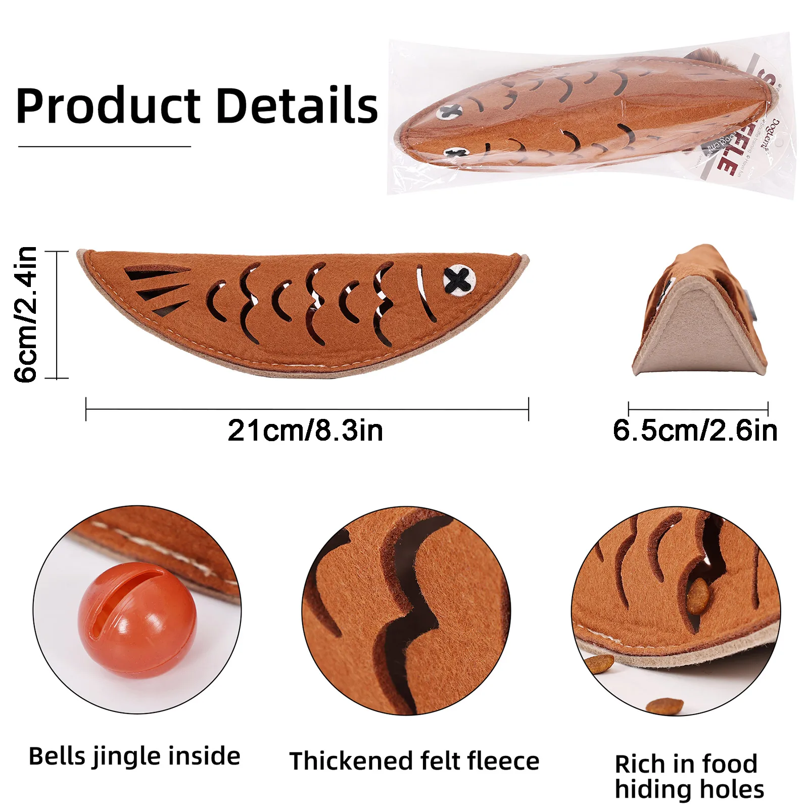 Fish toy dimensions, treat openings and bell detail