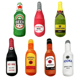 Selection of plush bottle dog toy designs