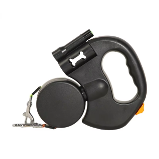 Black dual retractable leash with light and bag holder