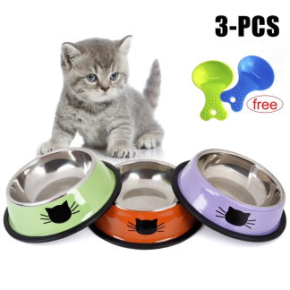 3PCS Pet Bowl Stainless Steel Non-Skid Base Dog Bowl Cat Bowl with 2 Food Scoop