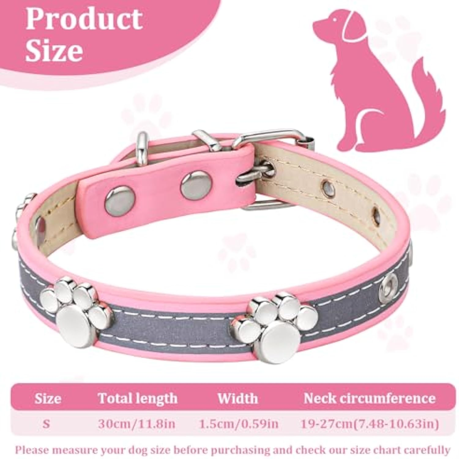 Reflective Leather Dog Collar with Paw Rivets — product view 2