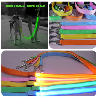 LED dog leashes in several colors with illuminated strips