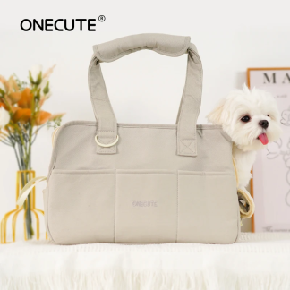 Beige soft-sided pet tote with carry handles