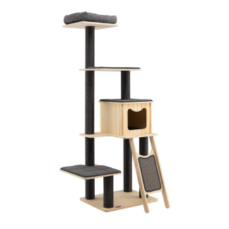 Tall wooden cat tower with grey cushions and condo
