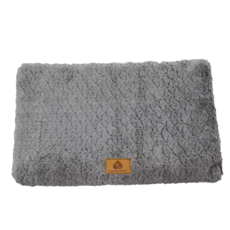 Grey rectangular foam dog bed with soft faux fur cover