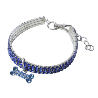 Blue rhinestone pet necklace with bone charm