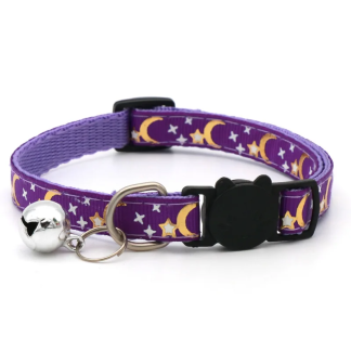 Purple star-and-moon pet collar with buckle and bell