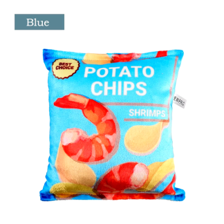 Blue potato-chip-bag plush dog toy