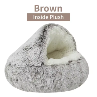 2-in-1 Soft Plush Cat Bed with Cover, Warm Cave