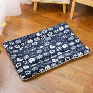 Dark printed pet mat laid flat on a wooden floor