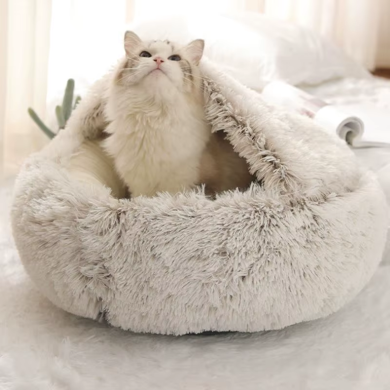 Cat sitting in a cream plush hooded bed