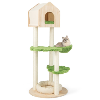 Wooden cat tree with green platforms, hammock and upper house