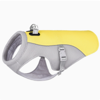 Yellow and grey dog cooling vest with adjustable straps