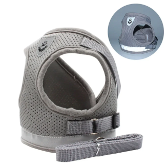 Grey mesh pet harness with matching leash