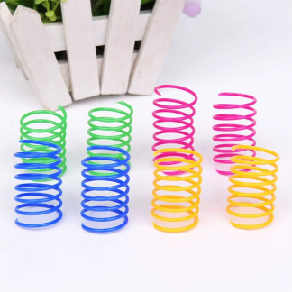Plastic spring cat toys in yellow, green, blue and pink