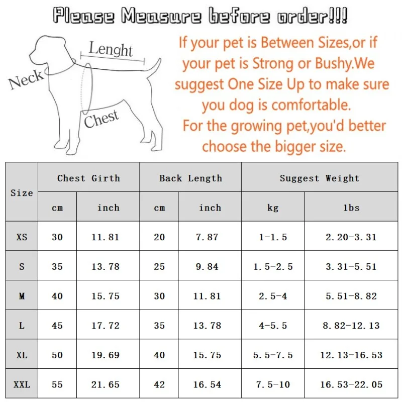 Size chart for the sleeveless pet polo shirt