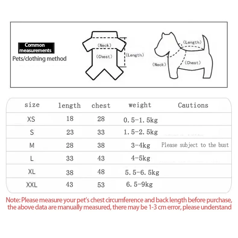 Chest and back-length chart for the Hi pet tank top