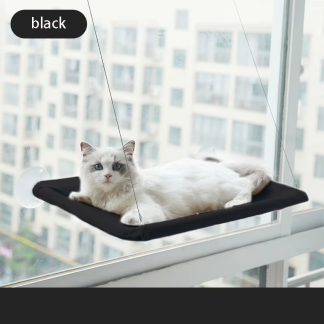 Black window hammock with a cat resting on the platform