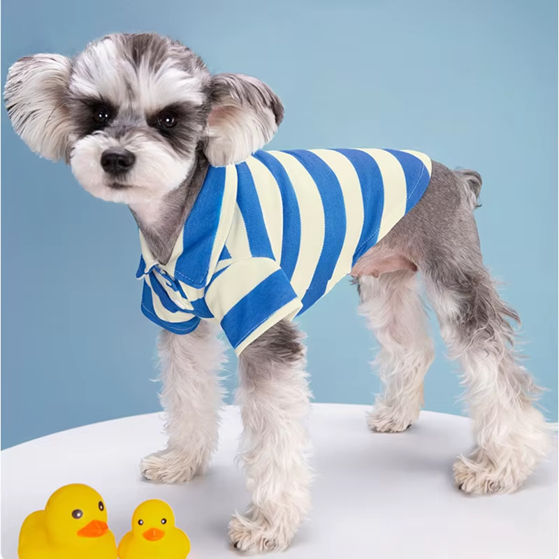 Side view of the blue striped dog polo