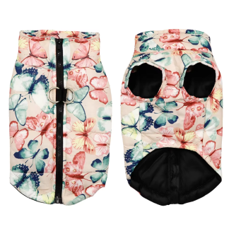 Printed dog vest shown from the front and underside