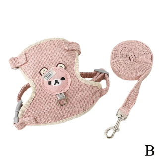 Pink bear-patch pet harness and matching leash