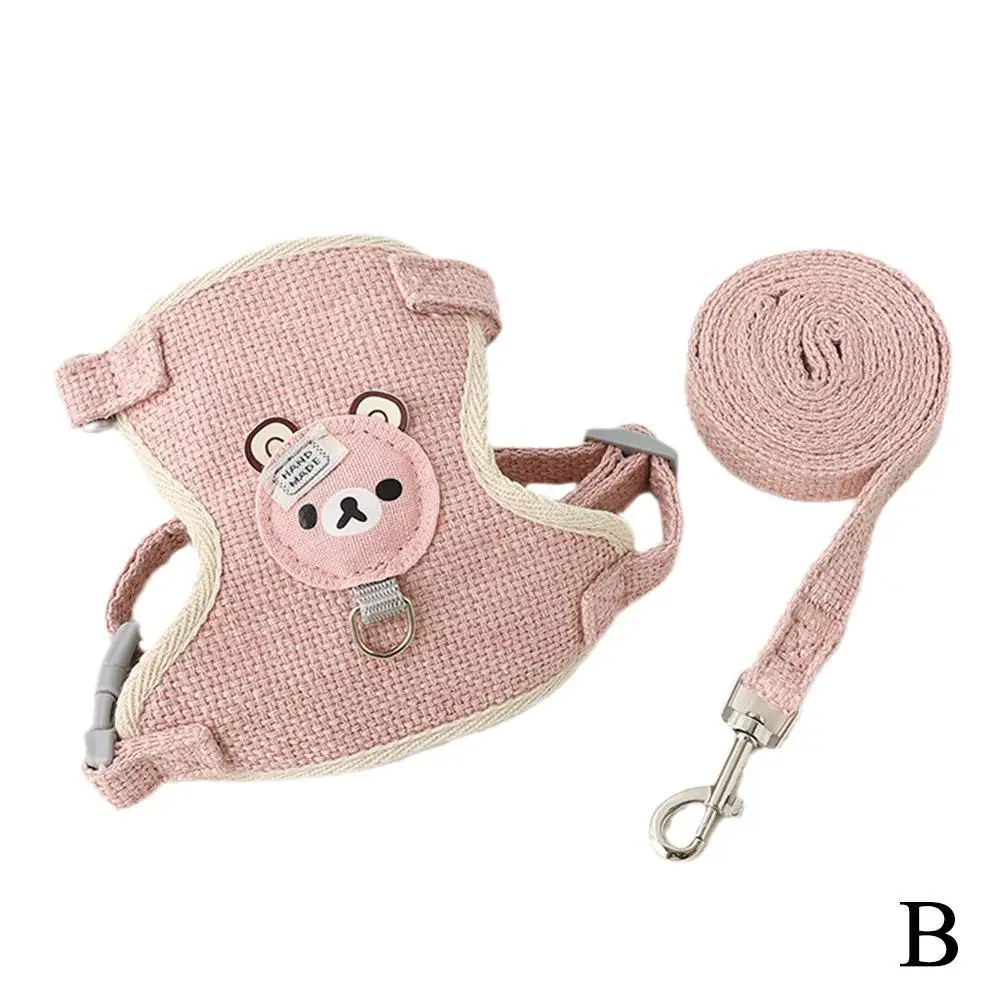Pink bear-patch pet harness and matching leash