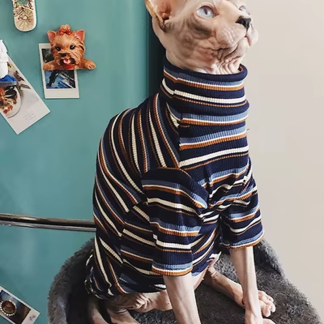 Hairless cat wearing a navy striped high-neck shirt