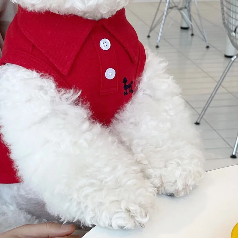 Red pet polo shirt collar and button detail